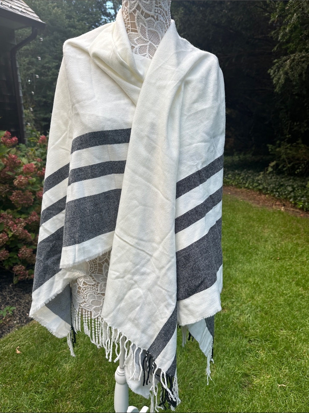 hinge White & Charcoal Striped Fringe Cotton Throw